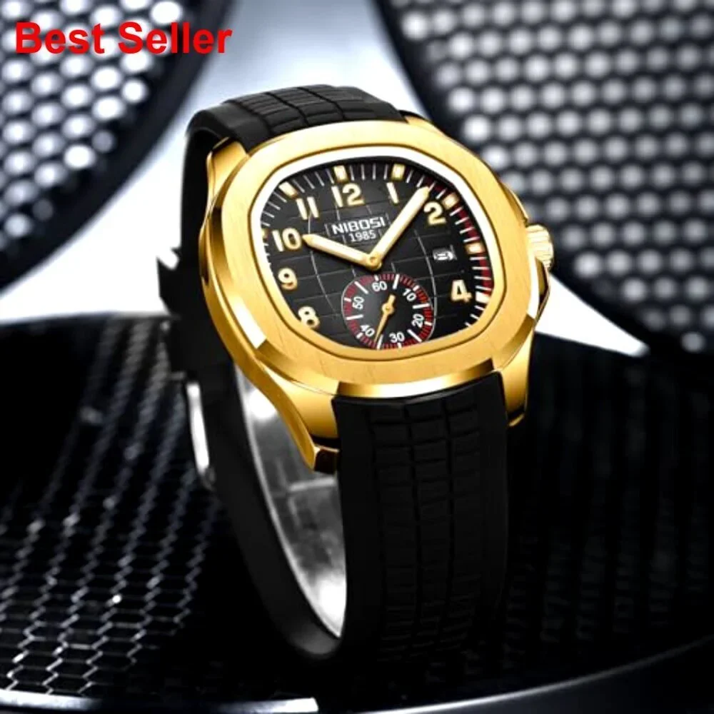 Analog Military Watch with Calendar Black Silicone Strap Waterproof